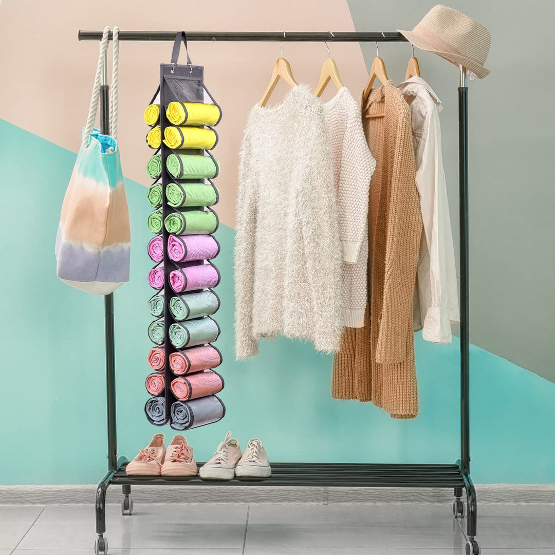 Legging Storage Organizer Hanging Legging Storage Hanger with 24 Compartments, Hanging Legging Holder Organizer for Yoga Leggings Clothes Roll (Gray)
