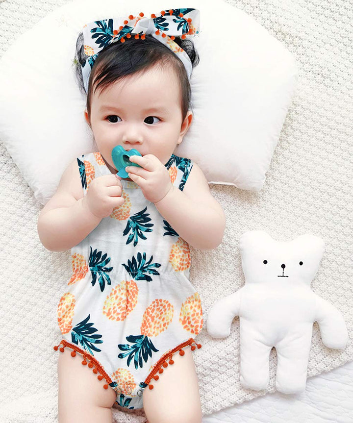 12 Pineapple Hawaii Romper with Headband for Baby Girl Nevolty Summer Simple Soft Tassel Jumpsuit Outfits,Yellow Orange white