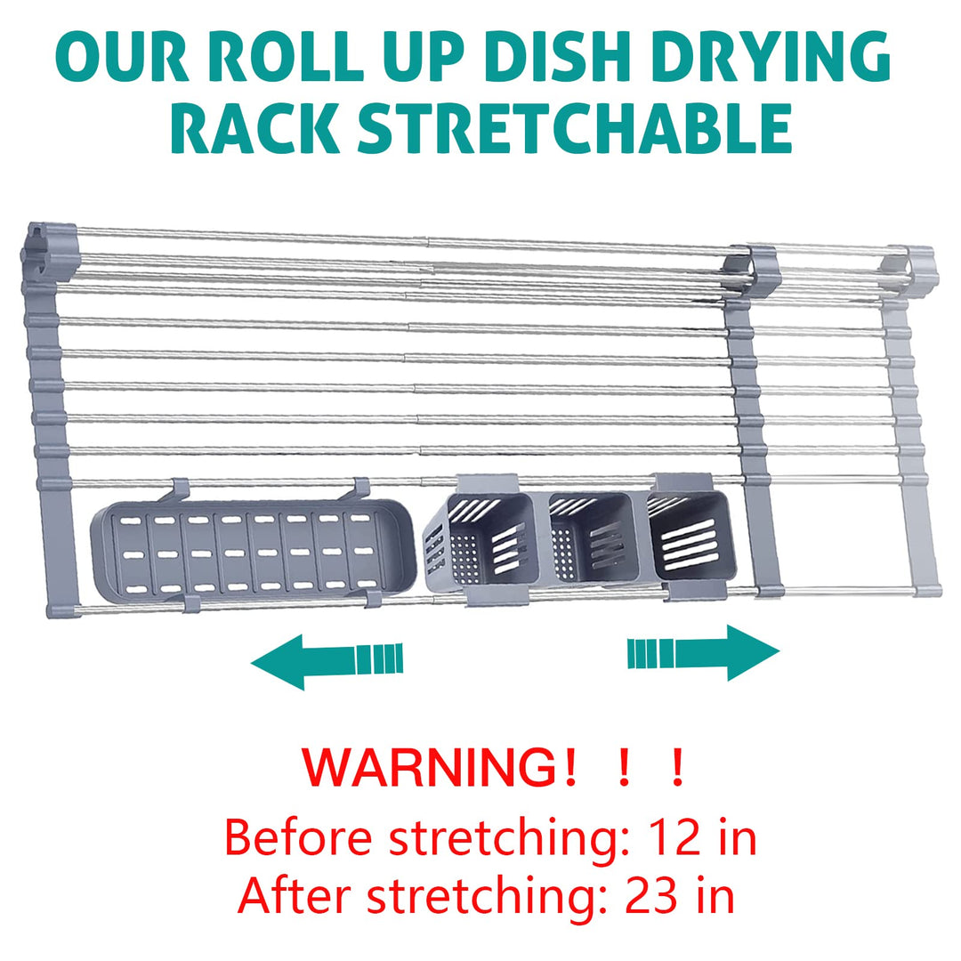 Roll Up Dish Drying Rack, 23&#39;&#39; Stretchable Roll up Sink Rack,with 2 Storage Baskets, Foldable Stainless Steel Dish Drainer for Kitchen Sink,for Kitchen Dishes,Fruits,Forks