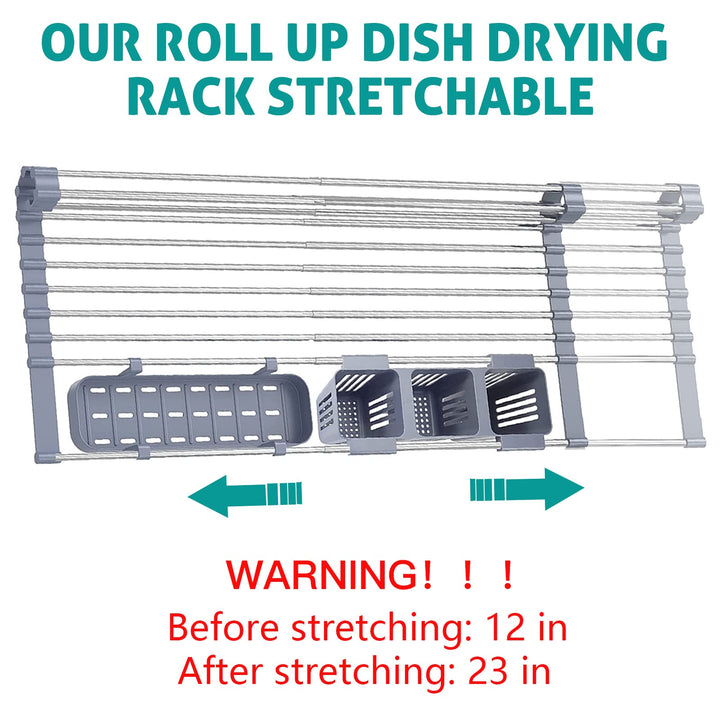 Roll Up Dish Drying Rack, 23&#39;&#39; Stretchable Roll up Sink Rack,with 2 Storage Baskets, Foldable Stainless Steel Dish Drainer for Kitchen Sink,for Kitchen Dishes,Fruits,Forks