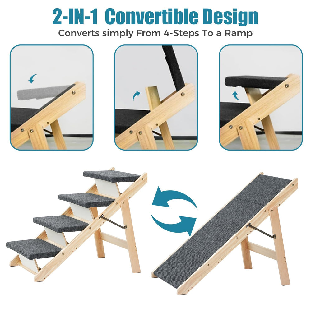 Wooden Dog Stairs/Steps - Foldable 4 Levels Pet Stairs & Ramp Perfect for Beds and Cars - Portable Dog/Cat Ladder Up to 110 Pounds