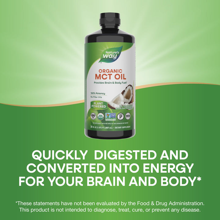 Nature&#39;s Way Organic MCT Oil, 30 Fl Oz, Brain and Body Fuel from Coconuts*, C8 Caprylic Acid and C10 Capric Acid, Keto and Paleo Certified, Organic, Non-GMO Project Verified (Packaging May Vary)