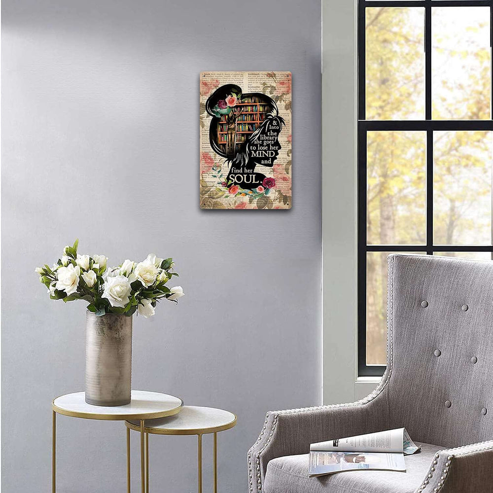 Books Into The Library Vertical Poster, Girl Love Books Vintage Wall Art, Book Lover, Book Dictionary Poster,Retro Vintage Tin Sign, Wall Metal Signs Posters for Home Kitchen Diner-12x16inch(30x40cm)