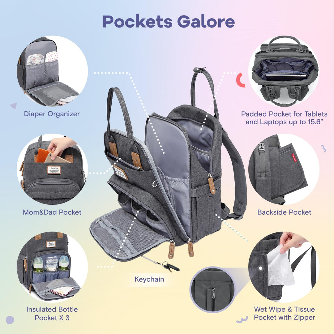 Diaper Bag Backpack, Multifunction Travel Pack Maternity Baby Changing Bags, Large Capacity, Waterproof, Dark Gray