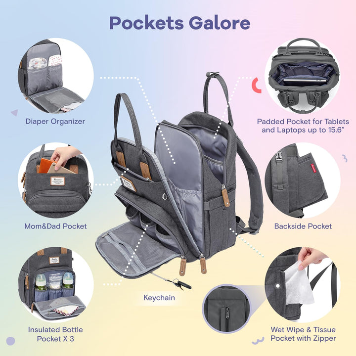Diaper Bag Backpack, Multifunction Travel Pack Maternity Baby Changing Bags, Large Capacity, Waterproof, Dark Gray