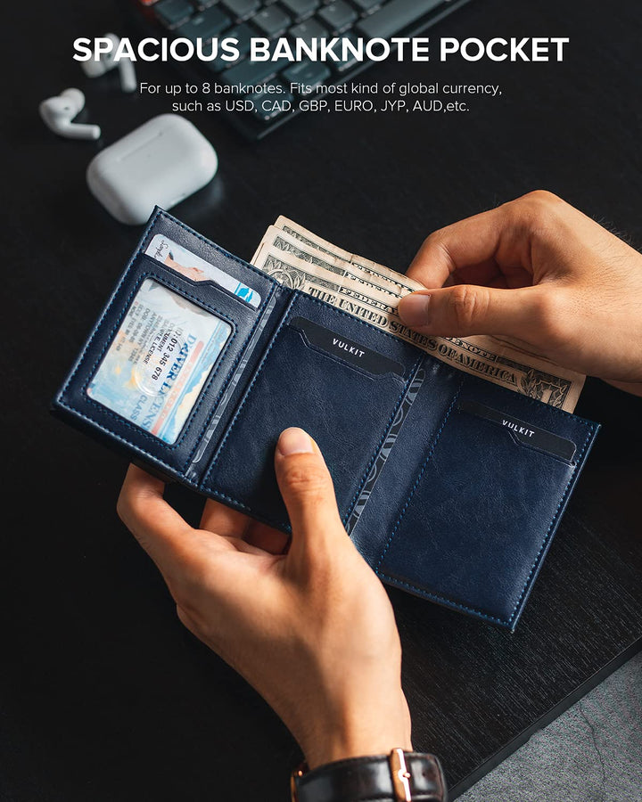 Card Holder Wallet with Coin Pocket Magnetic Closure Pop Up Cards With ID Window Leather Wallet for Cash &amp; Credit Cards, Navy