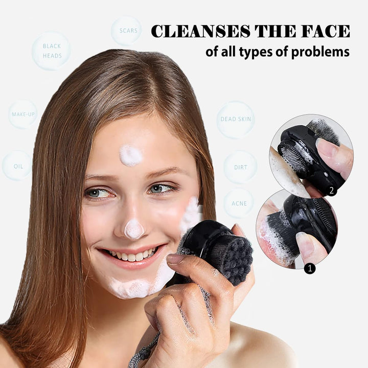 2 Pcs Facial Cleansing Brushes - Double Sided Face Scrubber for Deep Cleansing and Exfoliation, Soft Bristles Wash Brush and Silicone Exfoliating (Black)