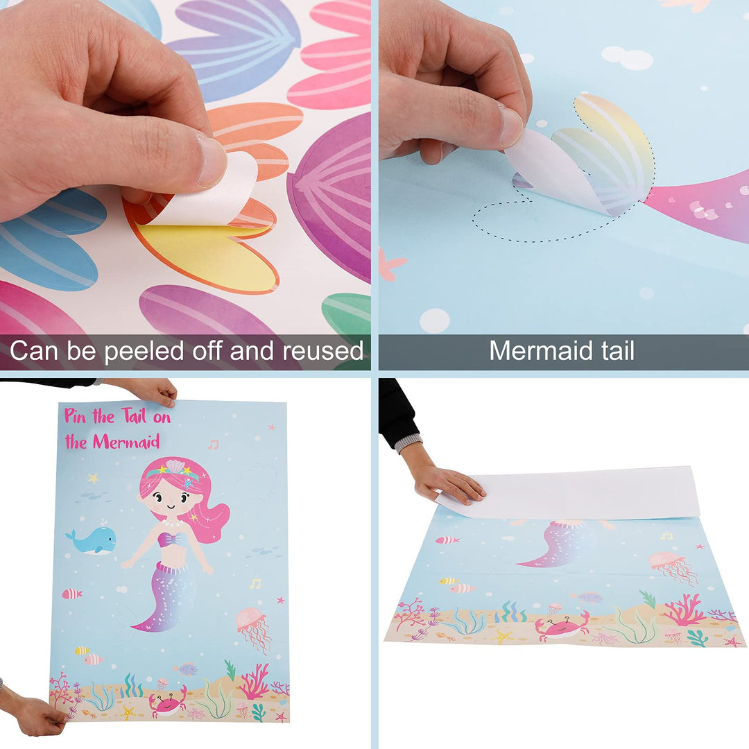 Pin The Tail on The Mermaid Fun Party Game for Kids with 12 Reusable Tails+10 Number Stickers+2 Blindfolds for Kids Birthday Decorations Mermaid Party Supplies