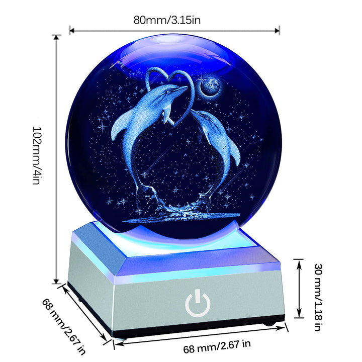 3D Dolphin Crystal Ball with Lighted Base Dolphin Gifts for Mom Women Decorative Glass Ball Night Light Engraved Dolphin Sphere Decoration Gifts for Mothers Day Birthday Anniversary