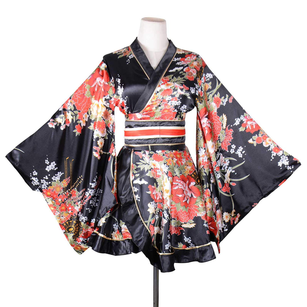 Asian Size Sexy Short Kimono Costume Adult Women&#39;s Japanese Geisha Yukata Prints Gown Blossom Fancy Dress With Obi Belt Fit Bust 44 (Black)