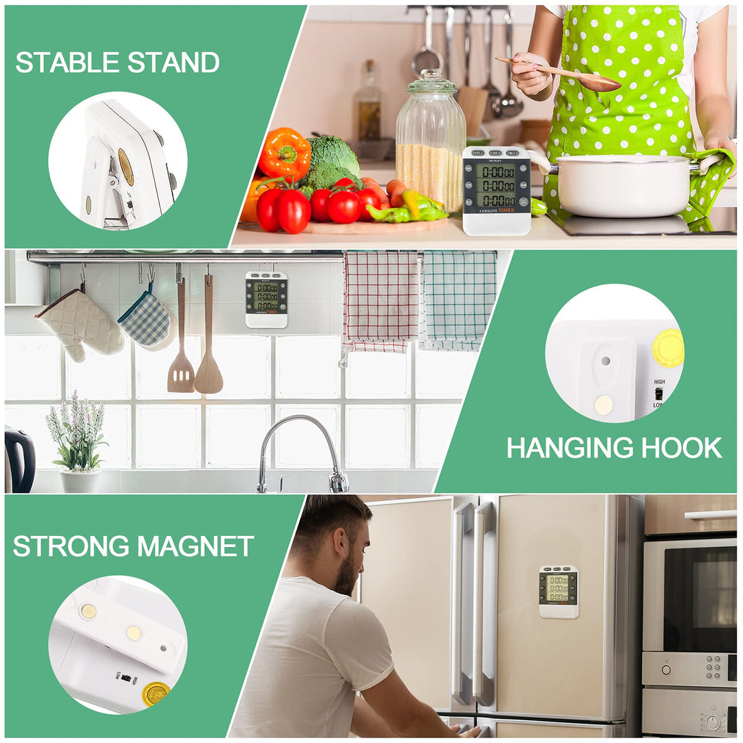 2 Pieces Digital Dual Kitchen Timer 3 Channels Count UP/Down Timer Cooking Timer with Magnetic Back Loud Alarm Large Display Countdown Timer for Cooking Classroom Kids Teacher Study
