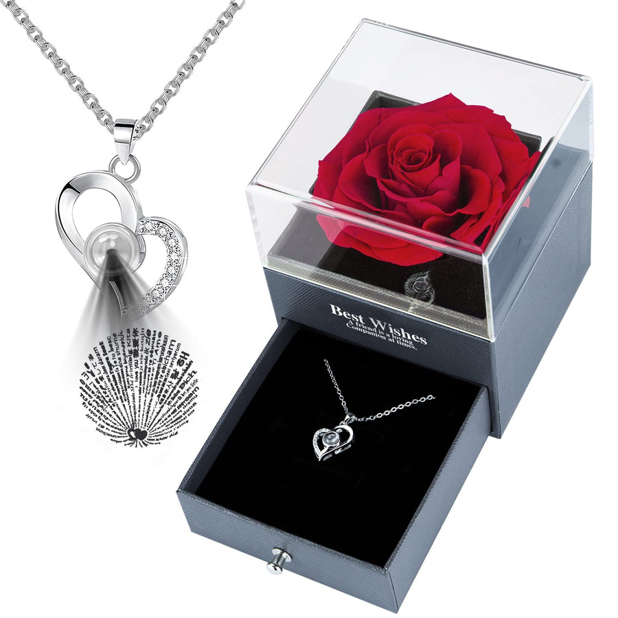 Preserved Red Real Rose, Mothers Day Gifts for Mom with I Love You Necklace in 100 Languages, Enchanted Rose Flower Mother’s Day Gifts Ideas from Daughter Husband Son for Her Grandma Wife