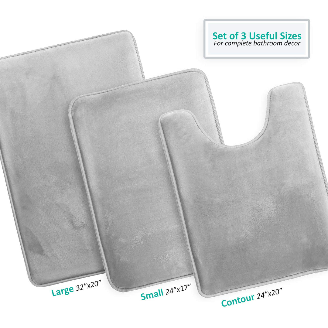 3 Piece Bathroom Rugs Bath Mat Set, Velvet Memory Foam Bath Mats for Bathroom - Non-Slip, PVC Backing Bath Rugs, Washable Bathroom Rug Mats - Dries Quickly, Silver Bathroom Rug Set