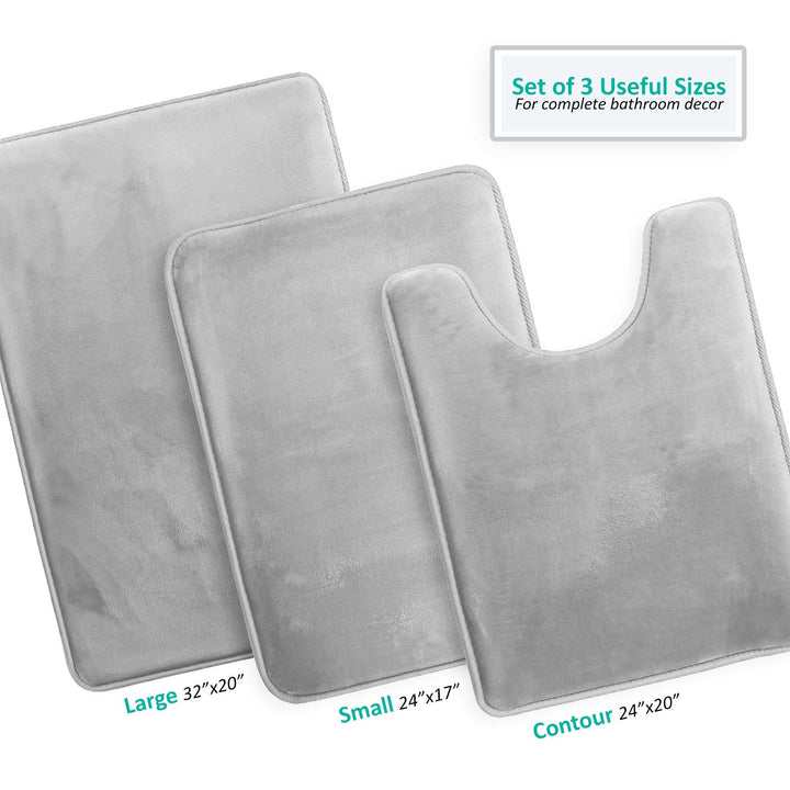 3 Piece Bathroom Rugs Bath Mat Set, Velvet Memory Foam Bath Mats for Bathroom - Non-Slip, PVC Backing Bath Rugs, Washable Bathroom Rug Mats - Dries Quickly, Silver Bathroom Rug Set