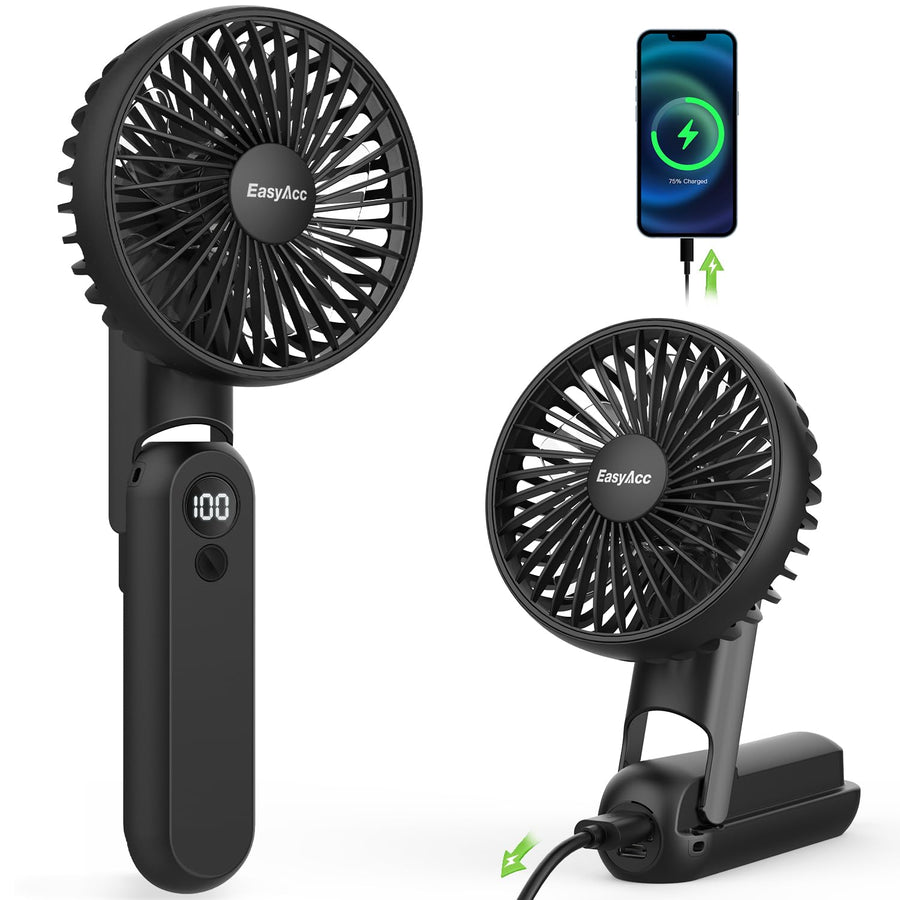 Portable Handheld Fan, Portable Fan for Travel [Ultra Quiet Powerful] 5 Speed Backup Power Digital Display Lanyard Foldable Fan Rechargeable 2600 Battery Hot Flashes Gift Outdoor Black White
