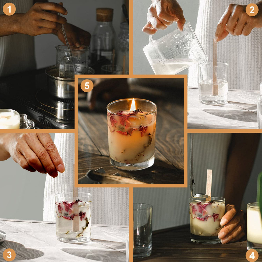 200 Pcs Thickned Wooden Candle Wicks. 5.1 X 0.5 X 0.06 Inch Upgrade Crackling Wooden Wicks, Long Lasting Smokeless Wood Wicks with Iron Standers, Wick Stickers, and Warning Labels- 50 Sets