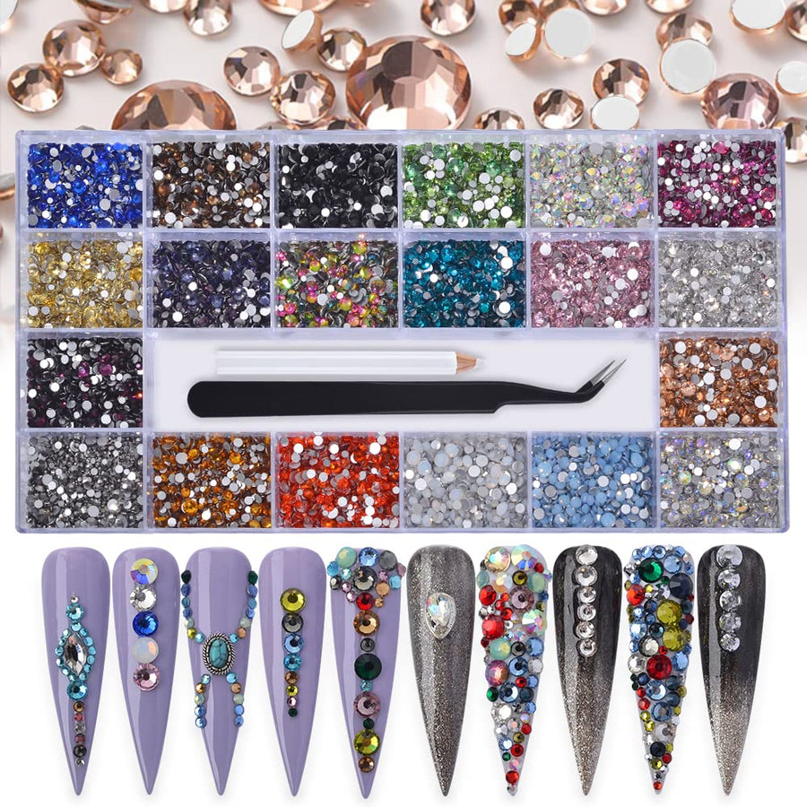 14400Pcs Mixed Size Flat Back Nail Art Crystal Rhinestones, 20 Colors Round Crystal Gems Non Hotfix (1.3-5mm) AB Glass Crystal Stones Diamonds for Nail Art Crafts Decorations with Picking Pen