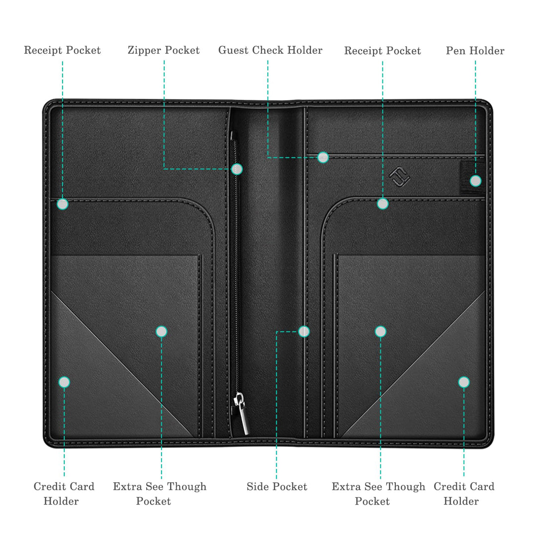 Server Book Organizer with Zipper Pocket, PU Leather Restaurant Guest Check Presenters Card Holder for Waitress, Waiter, Bartender (Black)