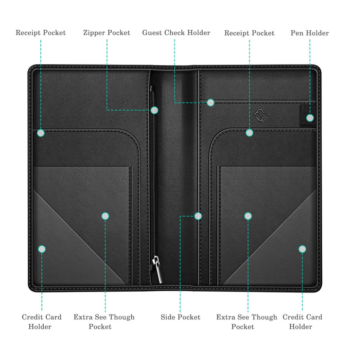 Server Book Organizer with Zipper Pocket, PU Leather Restaurant Guest Check Presenters Card Holder for Waitress, Waiter, Bartender (Black)
