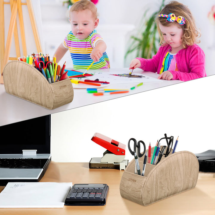 Remote Control Holder with 5 Compartments - PU Leather Remote Caddy Desktop Organizer Store TV, DVD, Blu-Ray, Media Player, Heater Controllers, Woodgrain Khaki