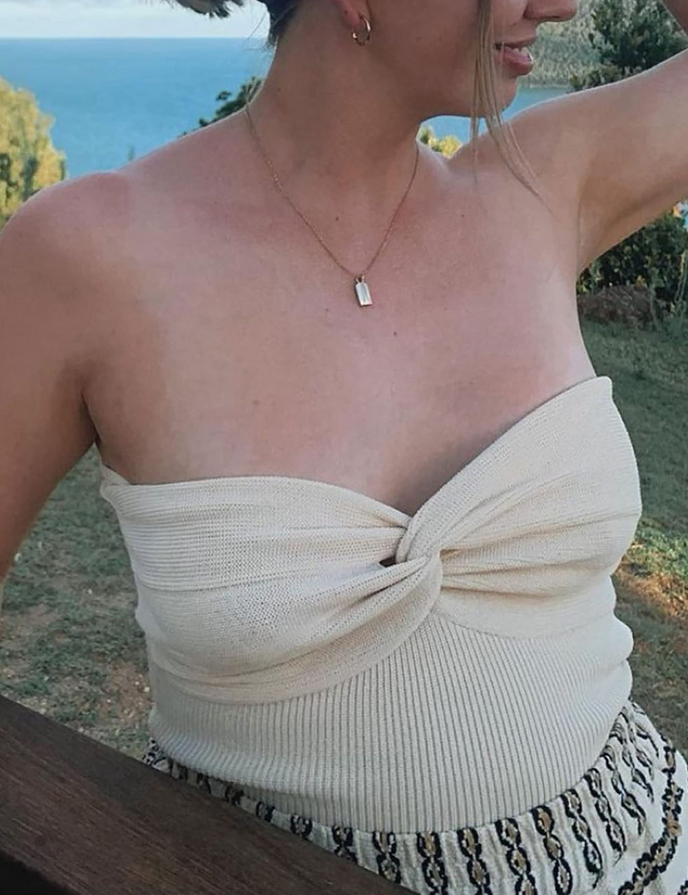 Women’s Sexy Twist Front Knitted Tube Top Strapless Solid Ruched Rib-Knit Crop Top Tank Top(Apricot,Small)