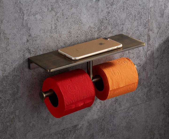 Sanliv Gold Toilet Paper Holder,Double Roll Toilet Paper Holder with Bathroom Storage Shelf,Wall Mount Brass Toilet Tissue Dispenser for Home and Hotel