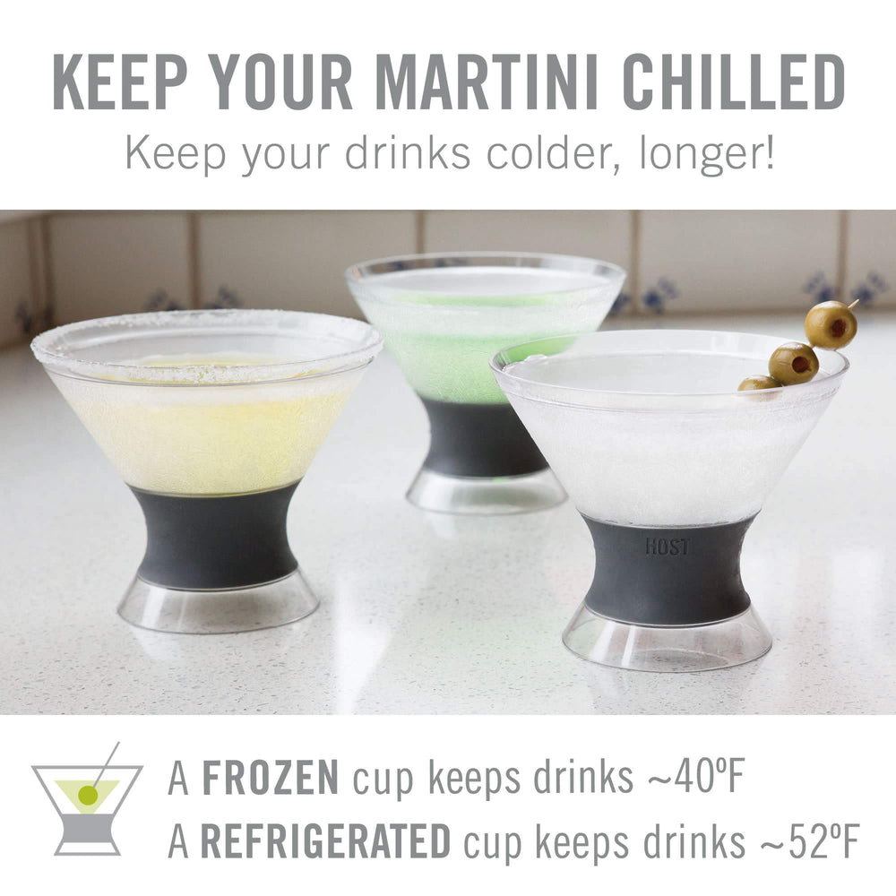 Freeze Insulated Martini Cooling Cups, Plastic Freezer Gel Chiller Double Wall Stemless Cocktail Glass Set of 2, 9 oz, Grey