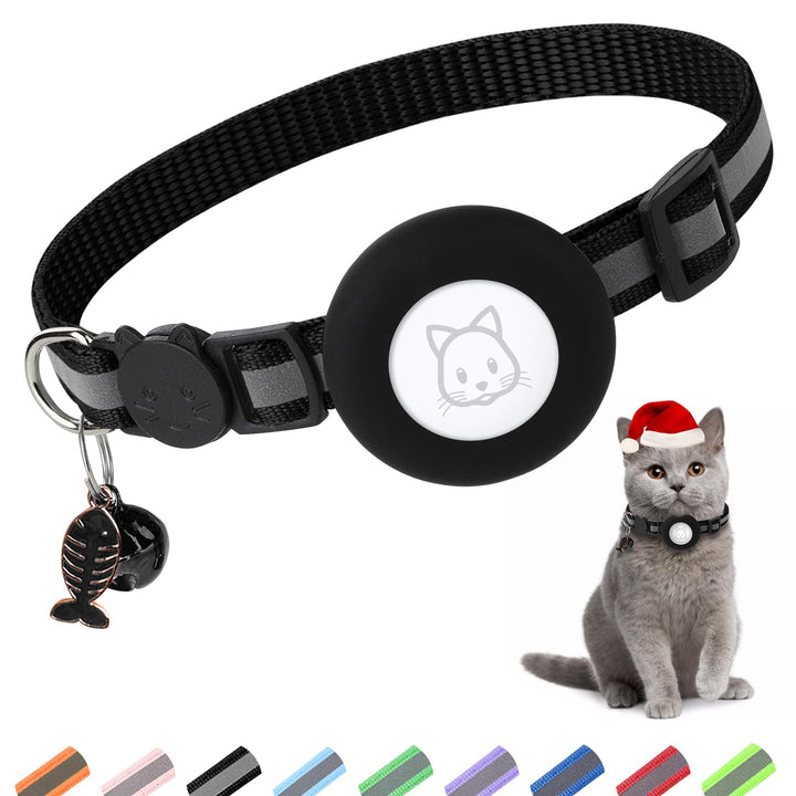 Airtag Cat Collar, Air tag Cat Collar with Bell and Safety Buckle in 3/8 Width, Reflective Collar with Waterproof Airtag Holder Compatible with Apple Airtag for Cat Dog Kitten Puppy
