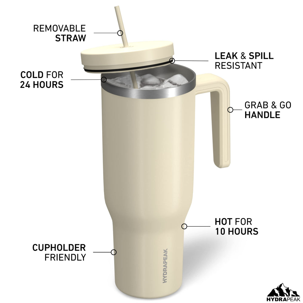 Voyager 40 Oz Stainless Steel Tumbler with Handle, Insulated Water Bottle With Straw & Lid, Cupholder Friendly Reusable Travel Mug (Modern Cream)