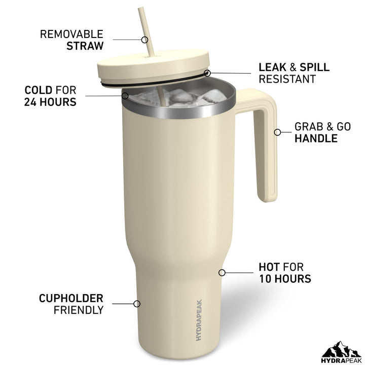 Voyager 40 Oz Stainless Steel Tumbler with Handle, Insulated Water Bottle With Straw &amp; Lid, Cupholder Friendly Reusable Travel Mug (Modern Cream)