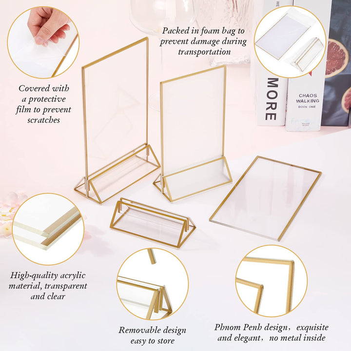 16 Pieces Gold Rimmed Clear Acrylic Table Sign Holders, Double Sided Frame with Gold Border and Vertical Stand for Wedding Table Number, Restaurant Sign, Photo Display, Menu Holder (4 x 6 Inch)