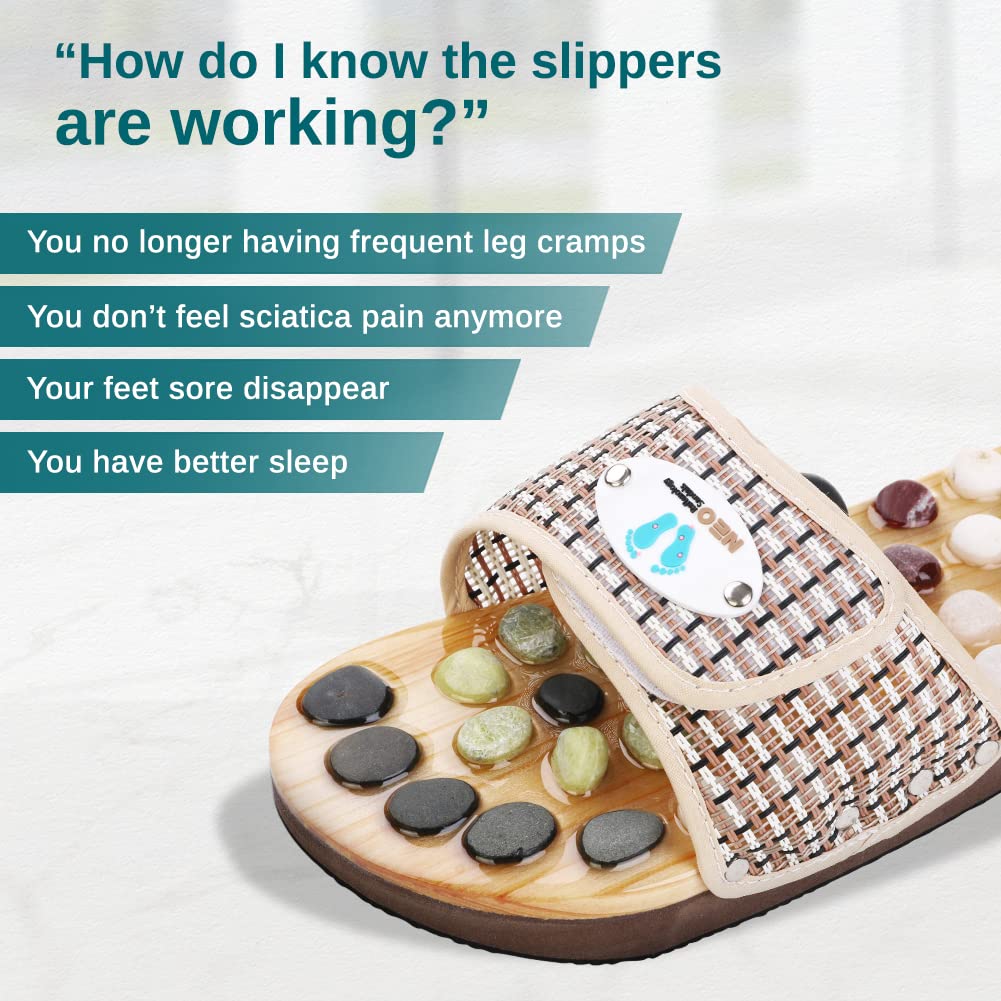 Acupressure Massage Slippers with Natural Stone, Therapeutic Reflexology Sandals for Neuropathy Acupoint Massage Shiatsu Foot Pain Relief Gifts for Wellness, Men 6.5-7 / Women 7.5-8.5 Feet Size
