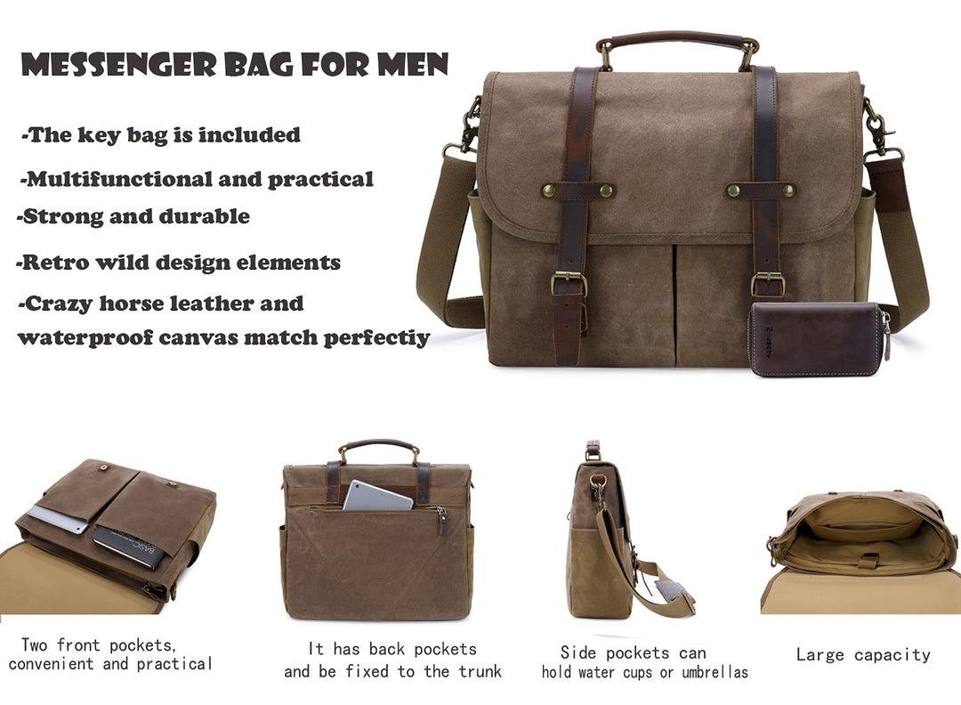Messenger Bag for Men, 15.6 Inch Waterproof Vintage Genuine Leather Laptop Briefcase Waxed Canvas Large Computer Satchel bag Travel Leather Shoulder Work Bag with Key Bag (Brown)