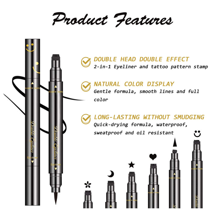 6 Pcs Double-Side Liquid Eyeliner Stamp Pen Set, Eye Liners for Women Waterproof Eyeliner Pencil Black Eye-liner Stencils Long-Lasting Tattoo Makeup-Triangle,Star,Moon,Heart,Flower,Smiley