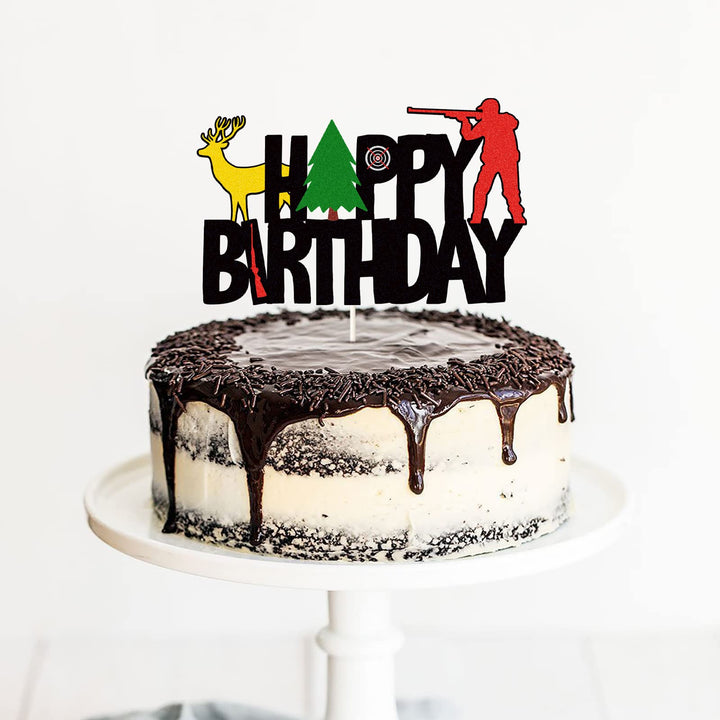 Colorful Glitter Hunting Theme Happy Birthday Cake Topper,Gone Hunting Hunter Camping Themed Cake Decor,Kids Boy Girl Men Happy Birthday Party Supplies