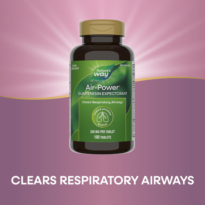 Nature’s Way Air-Power, Guaifenesin Expectorant, Clears Respiratory Airways, Thins &amp; Loosens Mucus, Vegan, 100 Tablets (Packaging May Vary)