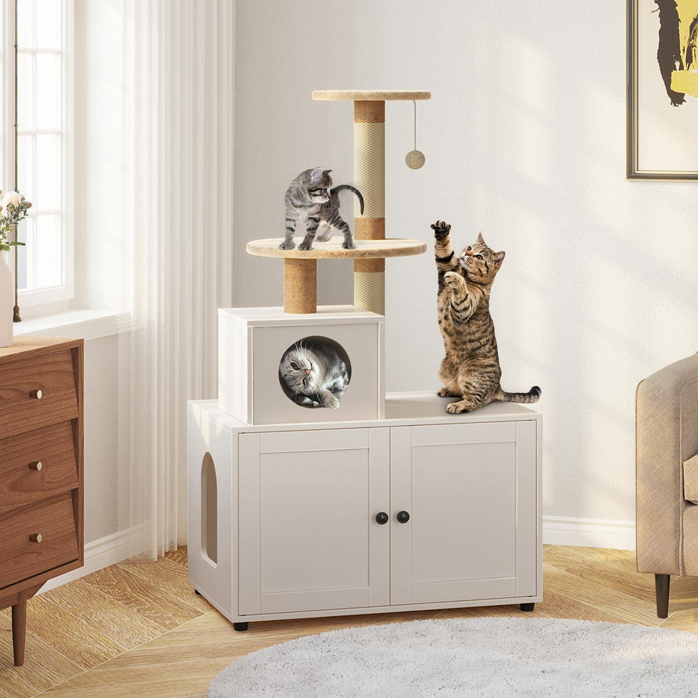Cat Litter Box Enclosure, Large Litter Box Furniture with Cat Tree Tower and Condo, Cat House with Sisal Scratching Post and Soft Plush Perch, White