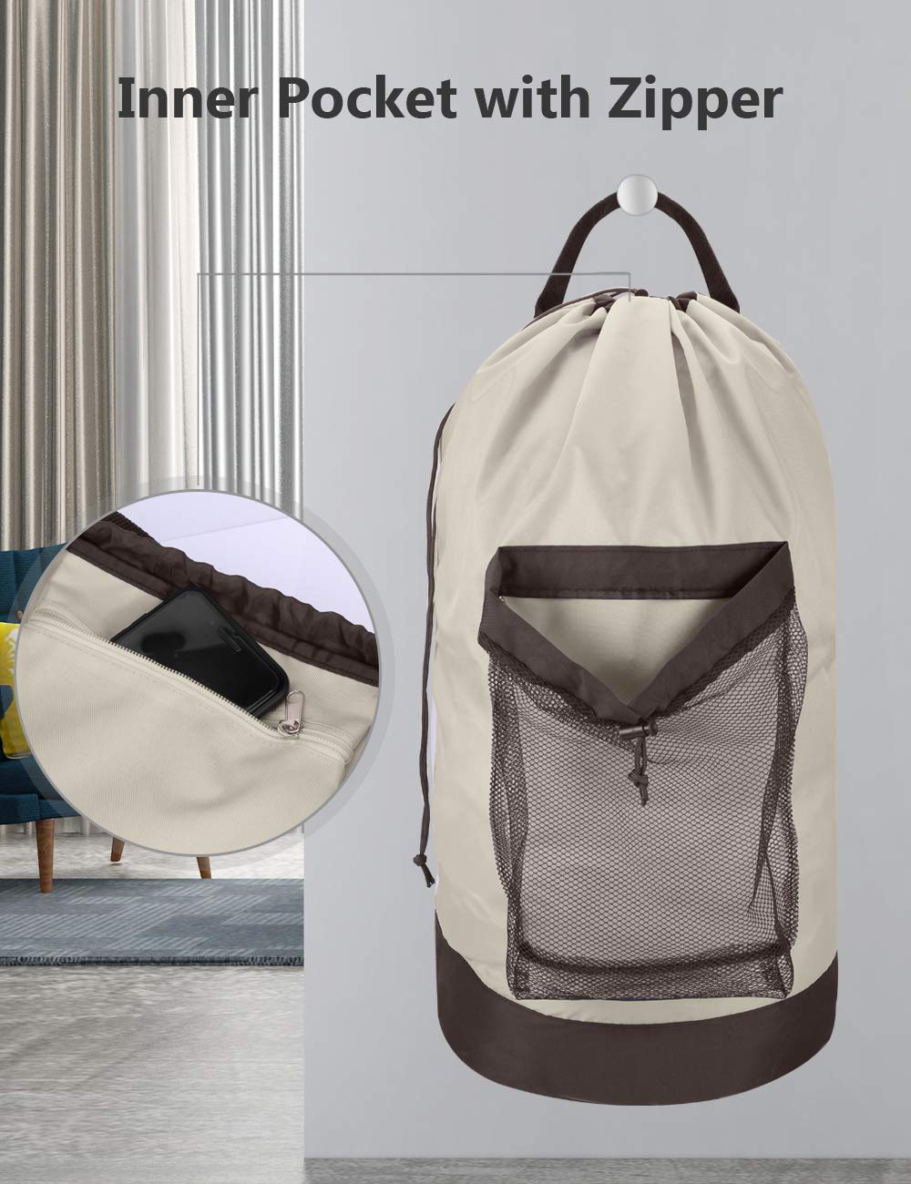 Laundry Bag with Shoulder Straps and Mesh Pocket Durable Nylon Backpack Clothes Hamper Bag with Drawstring Closure for College, Travel, Laundromat, Apartment