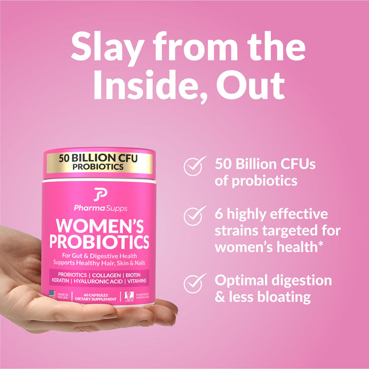 Advanced Women&#39;s Probiotics for Gut Health with Hair, Skin, &amp; Nails Vitamins Support - 50 Billion CFU w/Collagen, Biotin &amp; Keratin - Probiotic Supplement for Digestive Health &amp; Bloating Relief.