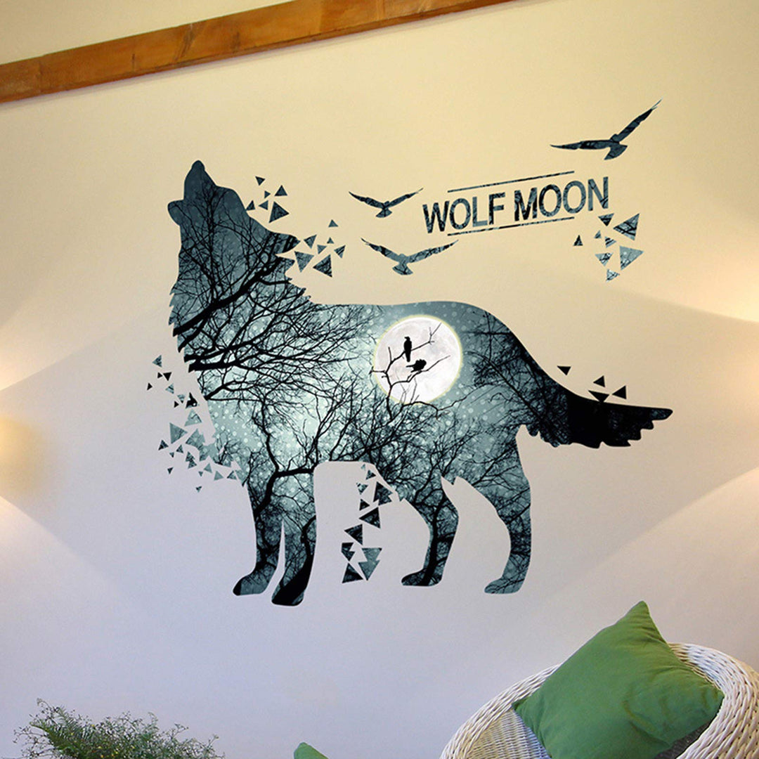 Removable Ink Moon Wolf Wall Decor Creative Blue Galaxy Wolf Room Wall Sticker Easy Peel &amp; Stick Home Decor Murals for Kids Teen Girls Bedroom Nursery Ceiling Living Room