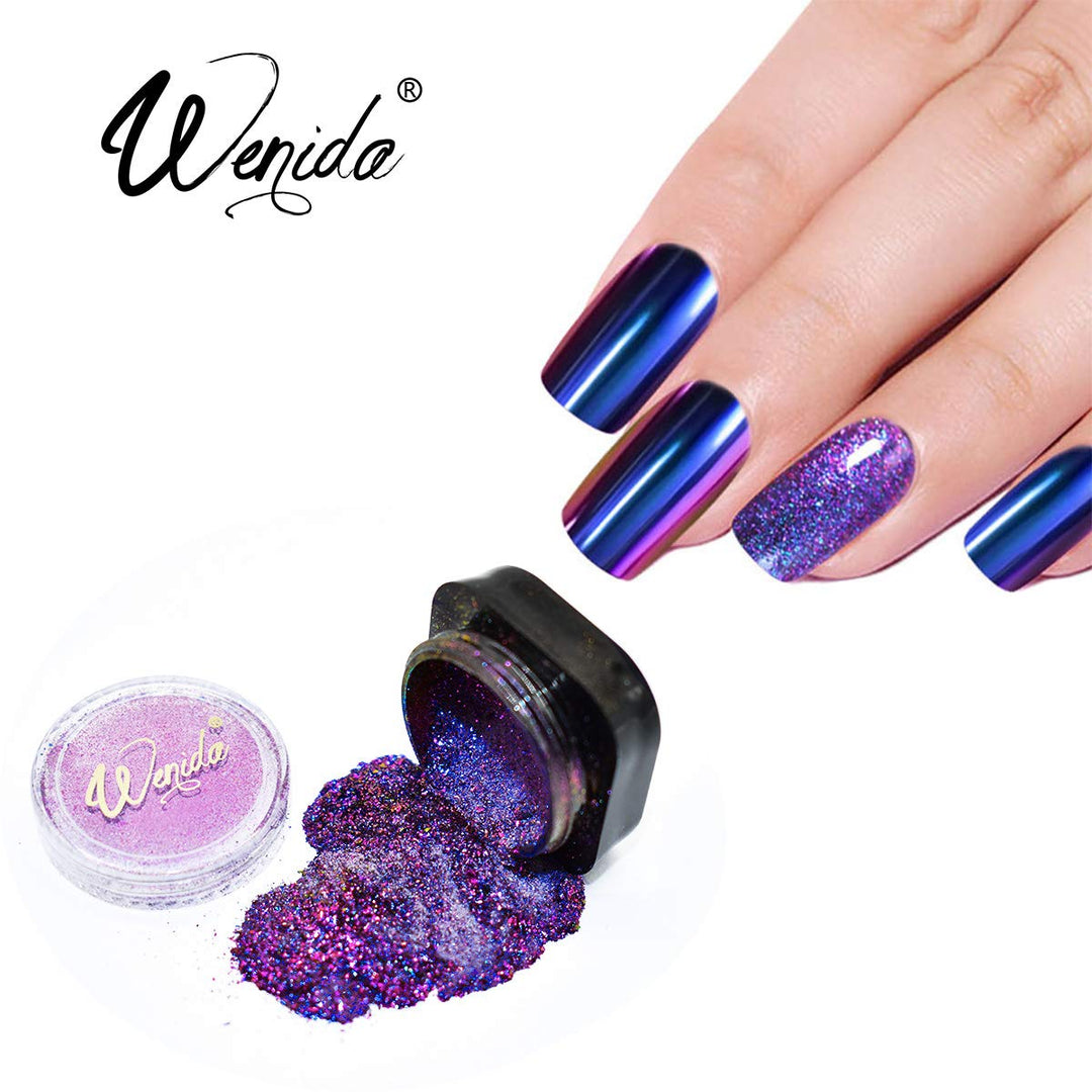 Nail Powder WENIDA 8 Jar Holographic Chameleon Chrome Mirror Laser Synthetic Resin Pigment with 8 False Nails and Silicone Nail Brush for Manicure Decoration