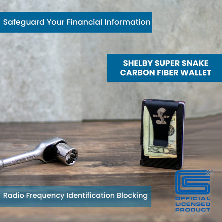 Shelby Carbon Fiber Wallet Money Clip | RFID* protection | Holds Currency, Credit Cards, Cash | Genuine Carbon Fiber | Super Slim and Lightweight | Laser Etched Shelby Cobra Snake Logo