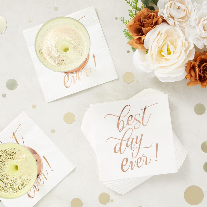 Best Day Ever Cocktail Napkins (50 Pack) 5 x 5 Inches, Rose Gold