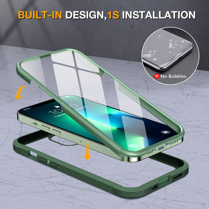 Glass Case Compatible with iPhone 13 Pro Max Case 6.7 inch, [Glass Screen Protector] Full Body Rubber Bumper Case Cover (Alpine Green)