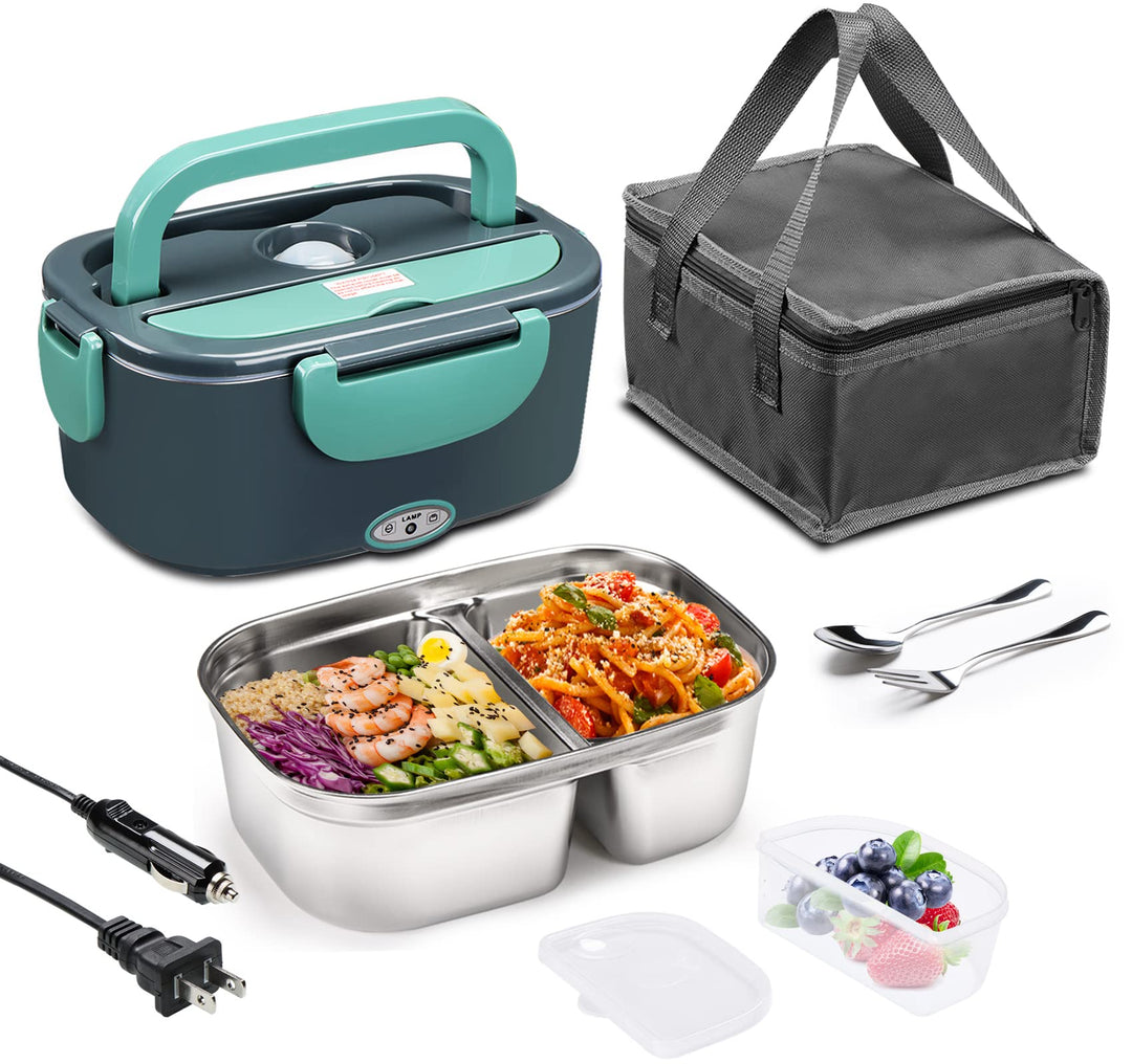 Electric Lunch Box 60W Food Heater, Upgraded 2 Compartments Portable Heated Lunch Box for Adults Car Truck Work Travel, Self Heating Lunch Box with 1.5L 304 SS Container, 110V/12V/24V
