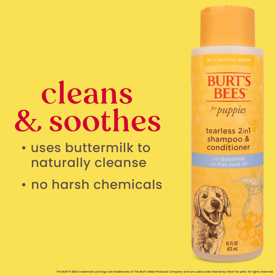 Burt&#39;s Bees for Pets Tearless Puppy 2-in-1 Shampoo and Conditioner with Buttermilk and Linseed Oil, 95% Natural Origin Formulas, Shampoo for Puppies - Gentle Puppy Shampoo Tear Free, 16 oz
