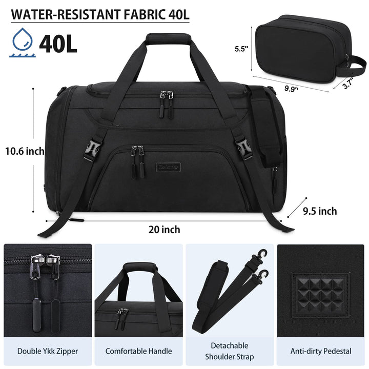 Gym Duffle Bag for Women Men 40L Waterproof Sports Bags Travel Duffel with Shoe Compartment,Wet Pocket Large Weekender Overnight Toiletry Bag,Black