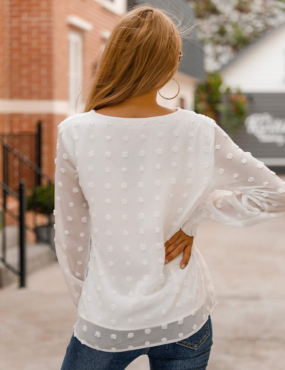 Womens Chiffon Blouses Elegant Lantern Long Sleeve Round Neck Tops Pom Pom Shirts(XXL,White)