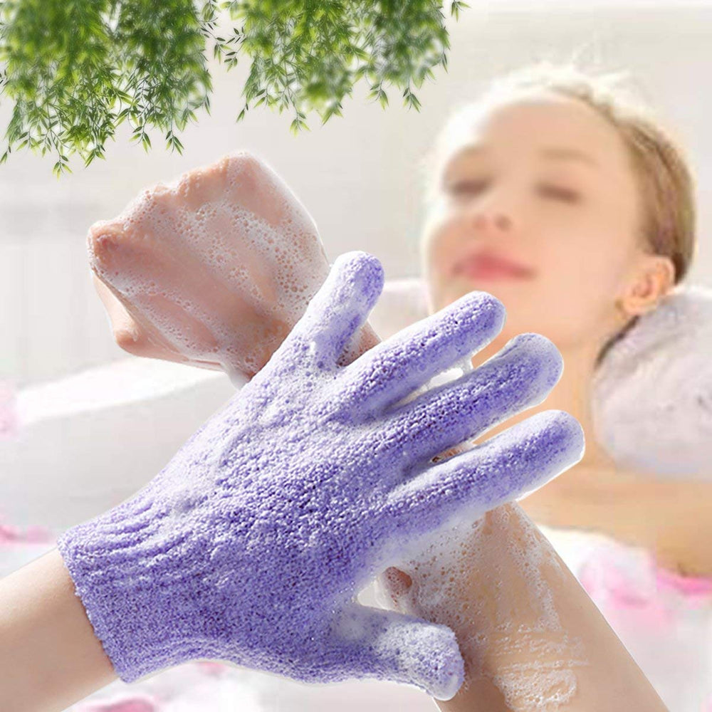 Exfoliating Bath Loofah Gloves Body Scrub Wash Mitts Skin Massage Sponge Towel Deep Cleansing Dead Skin Brush Scrub Luxury Spa Heavy with Lanyard Scrubber 2 Pair (deep Purple)