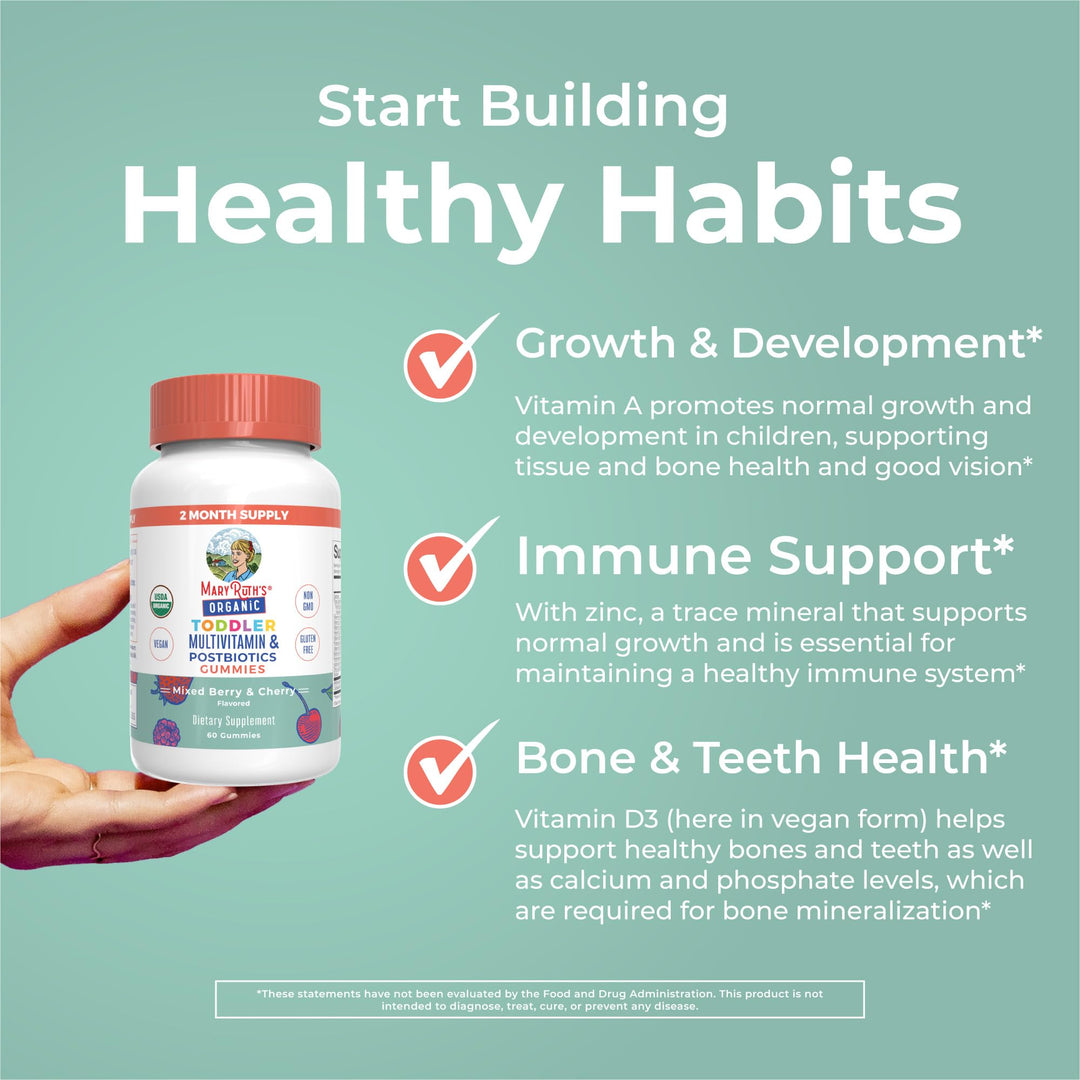 Toddler Multivitamin Gummies + Postbiotics | USDA Organic | Vitamins for Kids Ages 2+ | Immune Support | Vitamin C | Vitamin D3 | Vitamin A | Zinc | Vegan | Non-GMO | 60 Servings